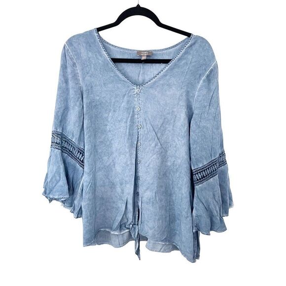 Ninety Clothing Co. Faded Blue Chambray V-neck Bell Sleeves Bohemian Blouse - Picture 1 of 8